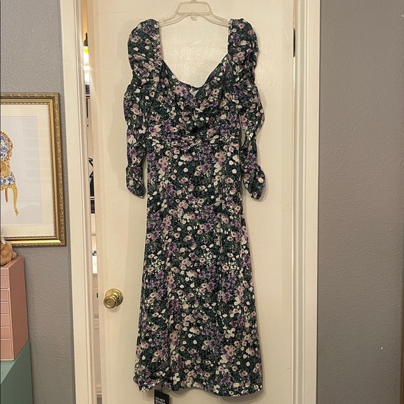 Astr Floral Midi Dress with Green and Purple Hues - Picture 2 of 6